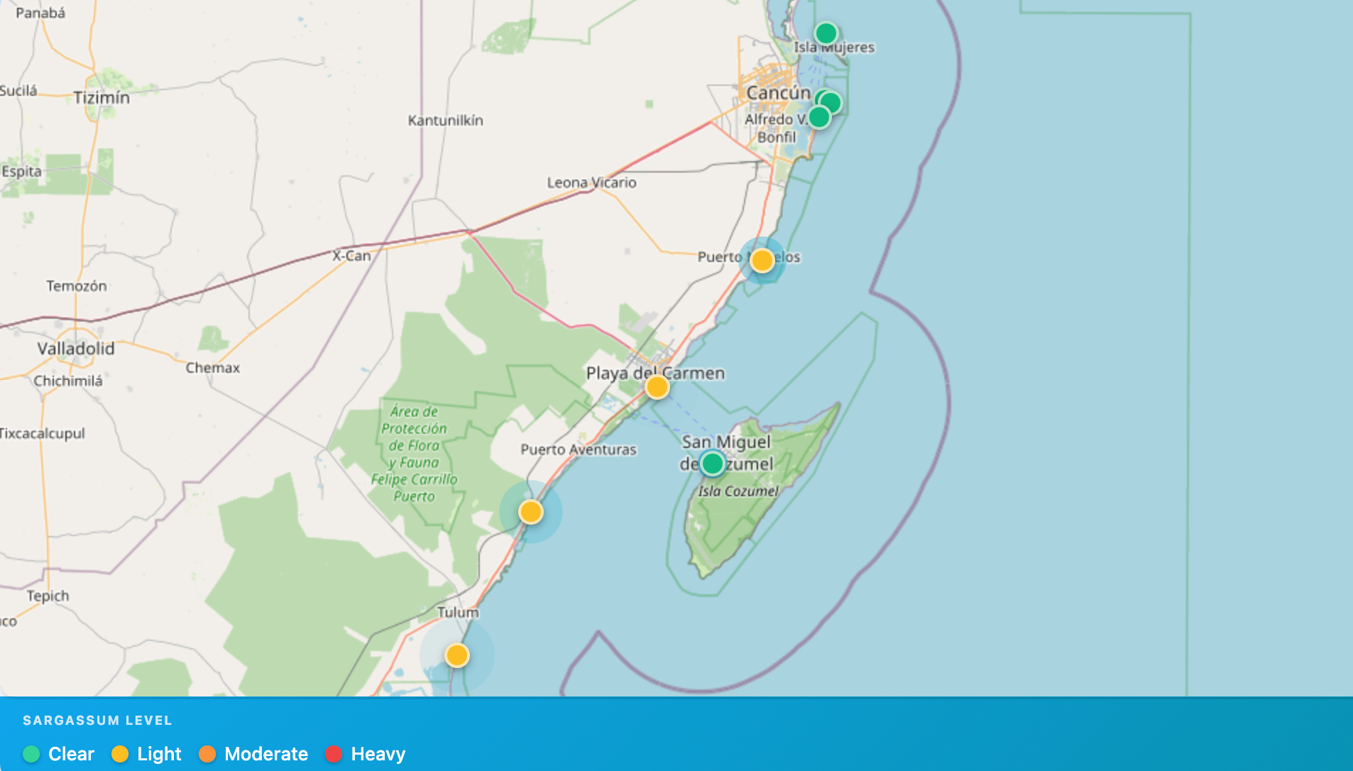 Sargassum conditions map — Cancún, Cozumel, Playa del Carmen, Tulum, Akumal & Isla Mujeres — March 30, 2026